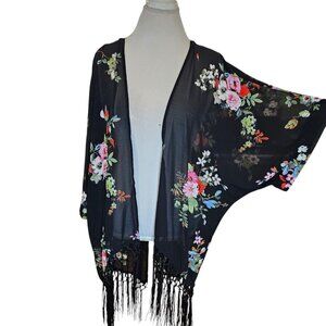 Kimono Kaftan Duster Sheer Floral Fringe‎ Boho Whimsigoth XS S Black Wrap Shawl